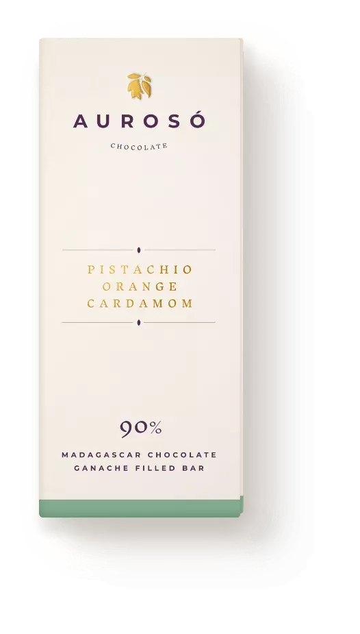 Reduced sugar pistachio orange cardamon madagascan chocolate ganache bar